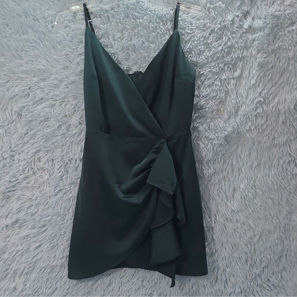 Lulus Green Satin Mini Dress XS V-Neck Strappy Faux Wrap Ruffle Cocktail